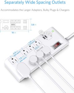 BESTEK 8-Outlet 6 Feet Extension Cord Power Strip with USB 15A 1875W Surge Protector with 5V 4.2A 4 USB Charging Port Desktop Charging Station,600Joule, Ultra-Compact Wide Spaced Outlet for Large Plug.
