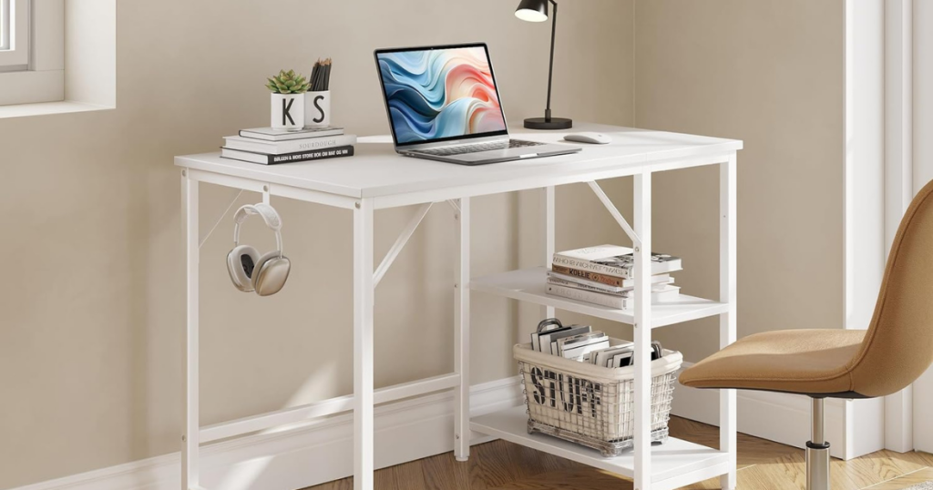 JOISCOPE Home Office Computer Desk with Wooden Storage Shelf