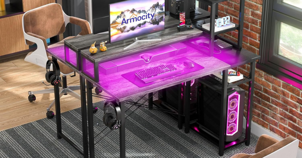 armocity 2024 Upgrade Gaming Desk with LED Lights