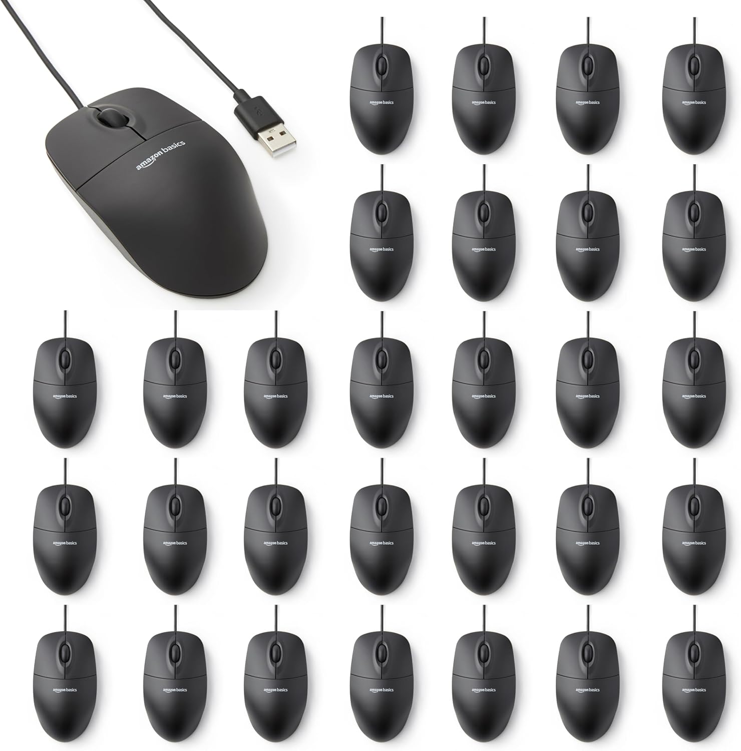 Amazon Basics 3-Button Wired USB Computer Mouse (Pack of 30)